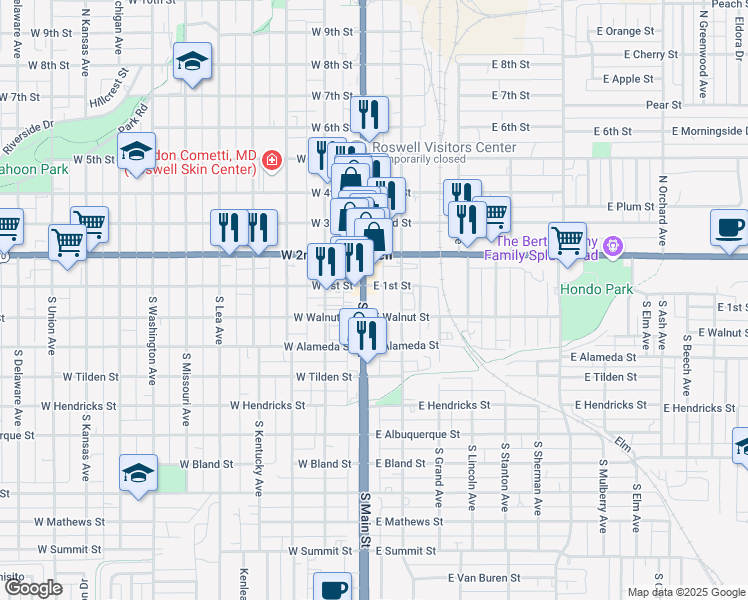 map of restaurants, bars, coffee shops, grocery stores, and more near 102 West 1st Street in Roswell