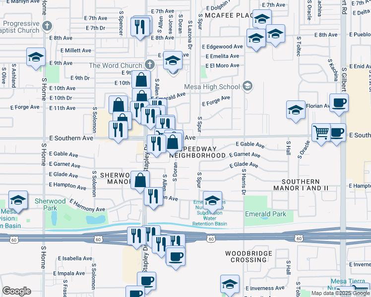 map of restaurants, bars, coffee shops, grocery stores, and more near 1216 South Doran in Mesa