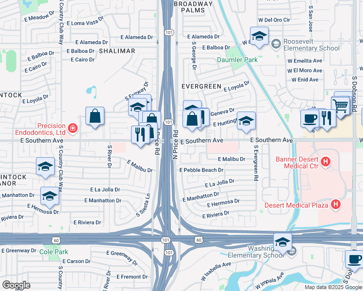 map of restaurants, bars, coffee shops, grocery stores, and more near 2324 East Southern Avenue in Tempe