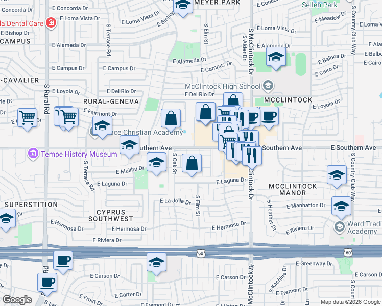map of restaurants, bars, coffee shops, grocery stores, and more near 1528 East Southern Avenue in Tempe