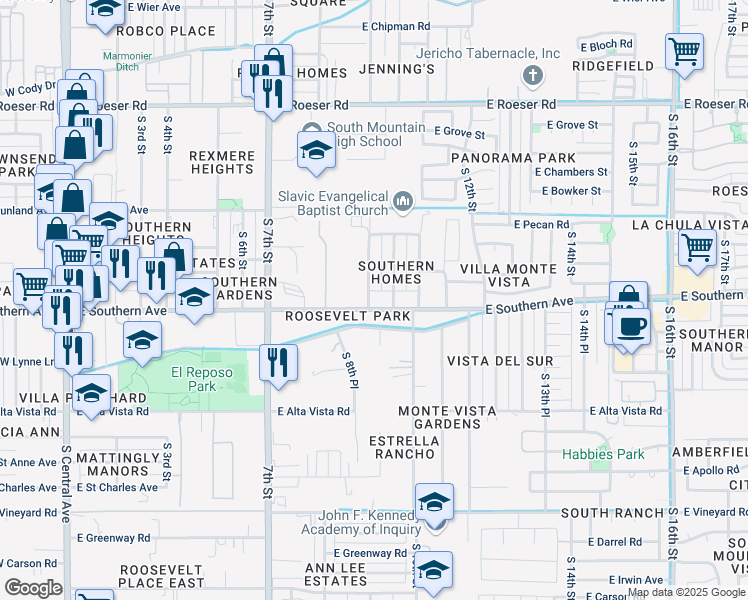 map of restaurants, bars, coffee shops, grocery stores, and more near 5830 South 9th Street in Phoenix