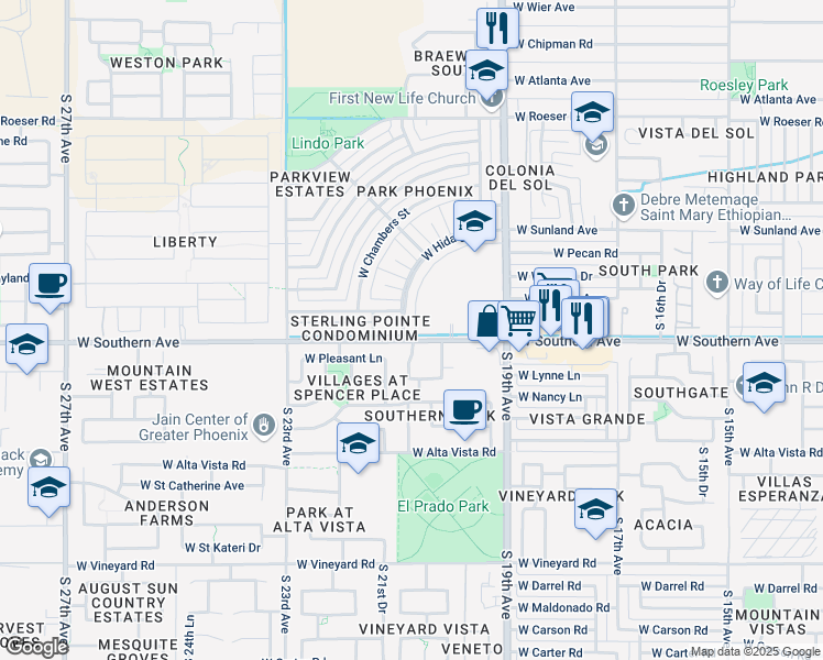 map of restaurants, bars, coffee shops, grocery stores, and more near 2137 West Hidalgo Avenue in Phoenix