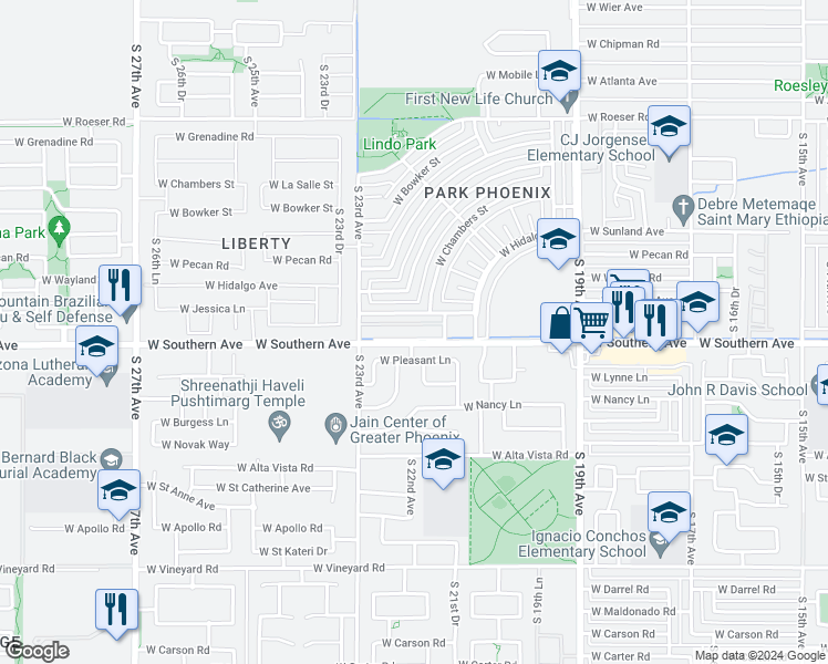 map of restaurants, bars, coffee shops, grocery stores, and more near 2223 West Hidalgo Avenue in Phoenix