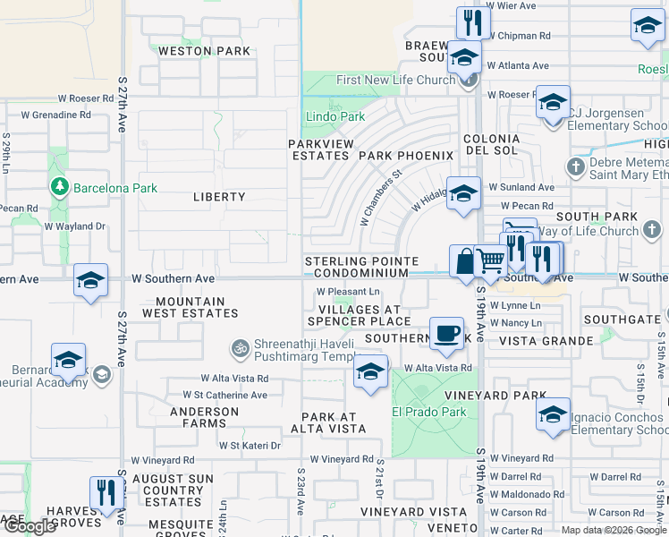 map of restaurants, bars, coffee shops, grocery stores, and more near 2223 West Hidalgo Avenue in Phoenix