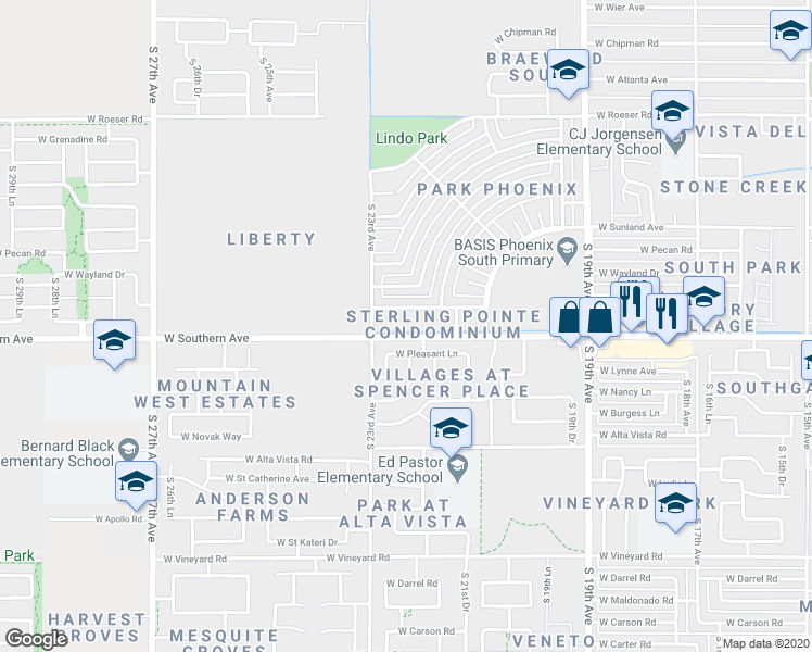 map of restaurants, bars, coffee shops, grocery stores, and more near 2257 West Hidalgo Avenue in Phoenix
