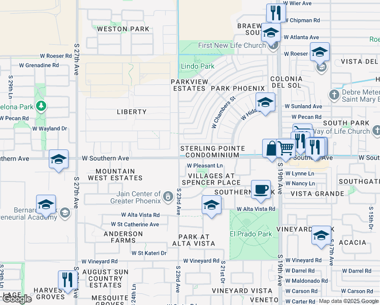 map of restaurants, bars, coffee shops, grocery stores, and more near 2257 West Hidalgo Avenue in Phoenix