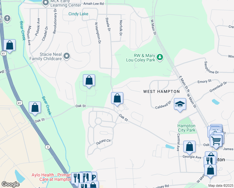 map of restaurants, bars, coffee shops, grocery stores, and more near 101 June Court in Hampton