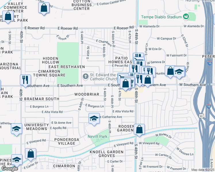 map of restaurants, bars, coffee shops, grocery stores, and more near Southern Avenue in Phoenix