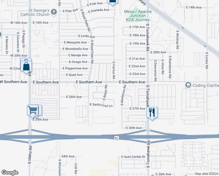 map of restaurants, bars, coffee shops, grocery stores, and more near 1045 East Yuma Avenue in Apache Junction