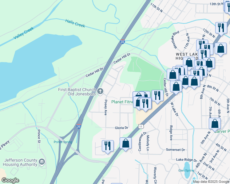 map of restaurants, bars, coffee shops, grocery stores, and more near 1217 Posey Avenue in Bessemer