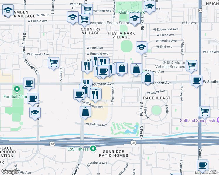 map of restaurants, bars, coffee shops, grocery stores, and more near 1015 West Southern Avenue in Mesa