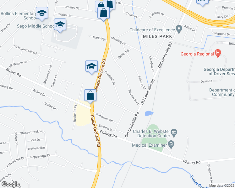 map of restaurants, bars, coffee shops, grocery stores, and more near Elizabeth Drive in Augusta
