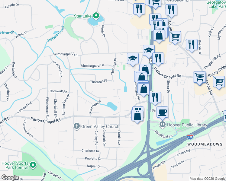map of restaurants, bars, coffee shops, grocery stores, and more near 3329 Thornton Drive in Birmingham