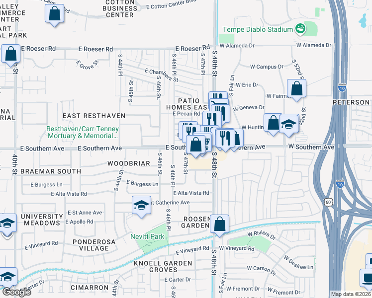 map of restaurants, bars, coffee shops, grocery stores, and more near S 47th St & Southern Ave in Phoenix