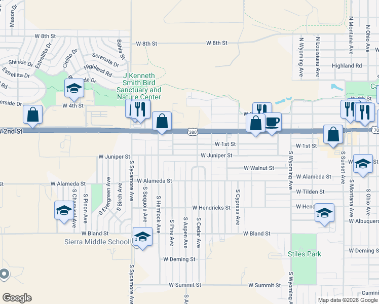 map of restaurants, bars, coffee shops, grocery stores, and more near 2108 West 1st Street in Roswell