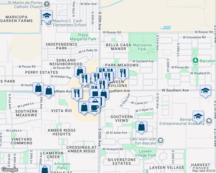 map of restaurants, bars, coffee shops, grocery stores, and more near 3424 West Southern Avenue in Phoenix