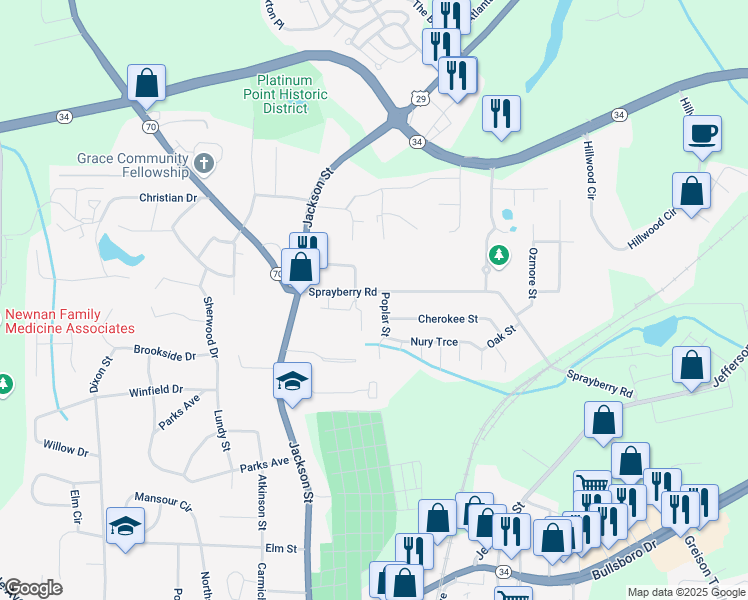 map of restaurants, bars, coffee shops, grocery stores, and more near 28 Columbus Circle in Newnan