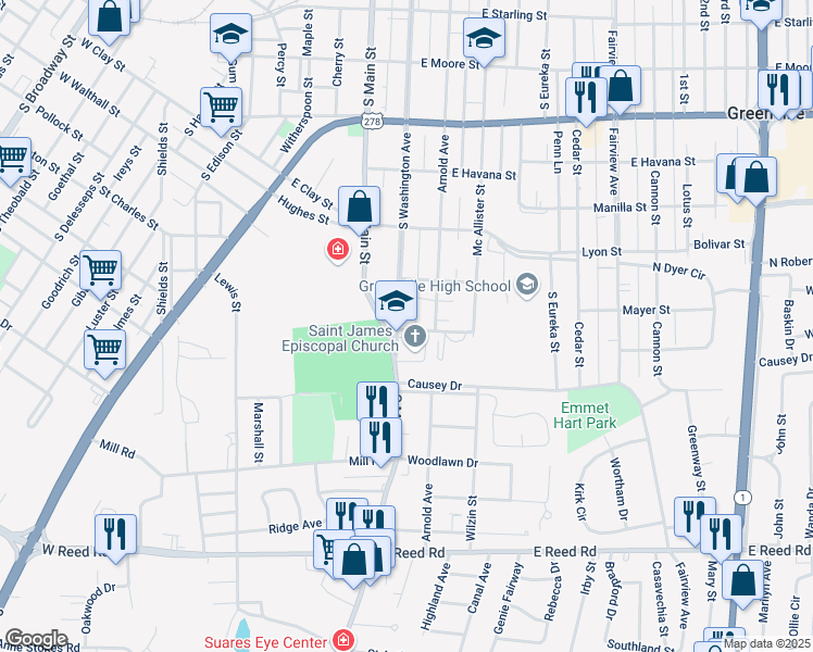 map of restaurants, bars, coffee shops, grocery stores, and more near 116 Goldstein St in Greenville