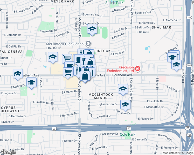 map of restaurants, bars, coffee shops, grocery stores, and more near 1855 East Southern Avenue in Tempe