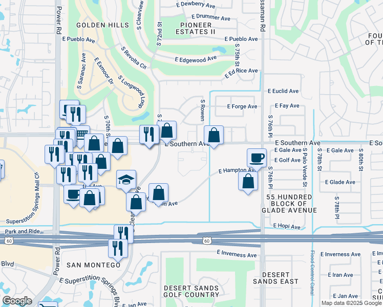 map of restaurants, bars, coffee shops, grocery stores, and more near 7311 East Southern Avenue in Mesa