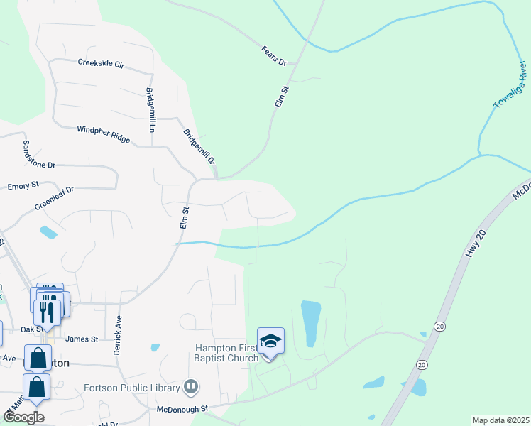 map of restaurants, bars, coffee shops, grocery stores, and more near 315 Lacebark Lane in Hampton