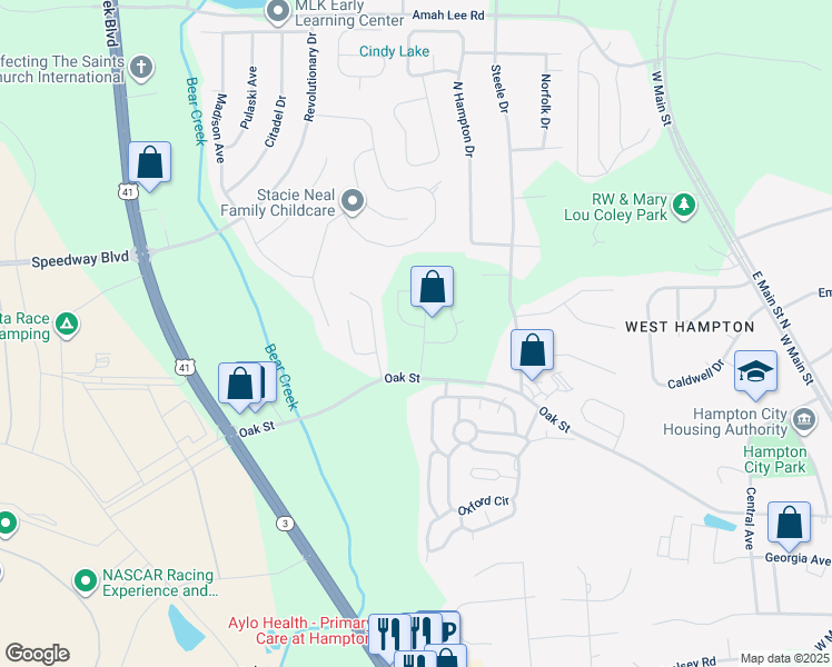 map of restaurants, bars, coffee shops, grocery stores, and more near 121 Oakchase Park Lane in Hampton