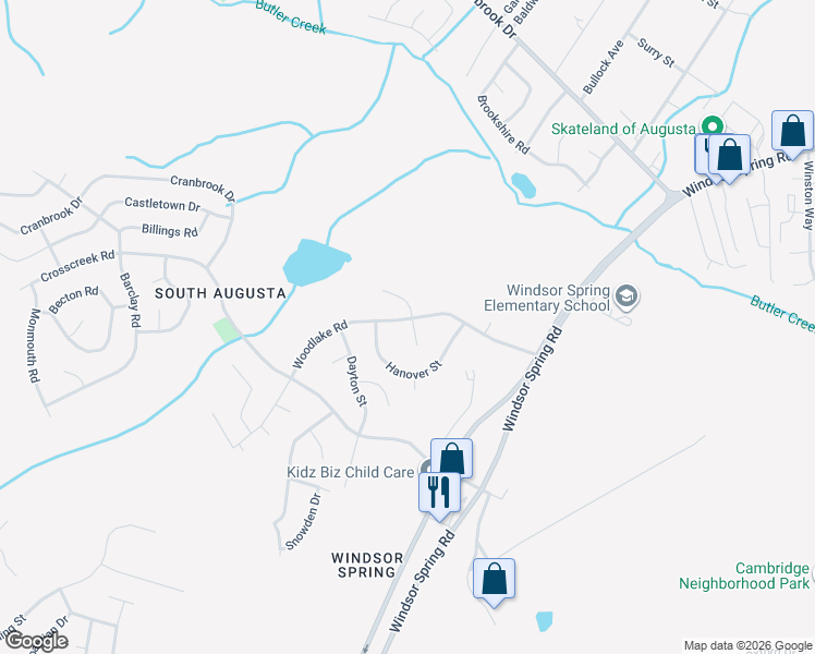 map of restaurants, bars, coffee shops, grocery stores, and more near 3547 Woodlake Road in Hephzibah