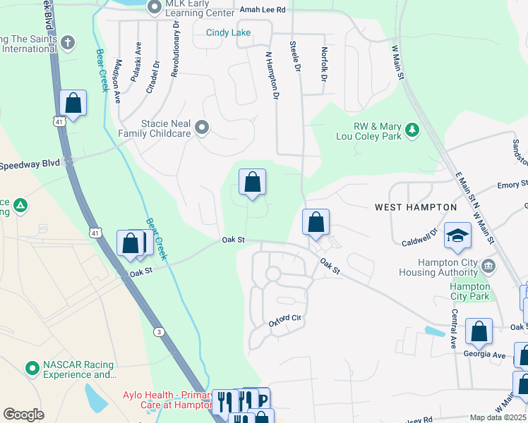 map of restaurants, bars, coffee shops, grocery stores, and more near 221 Friendship Oak Way in Hampton