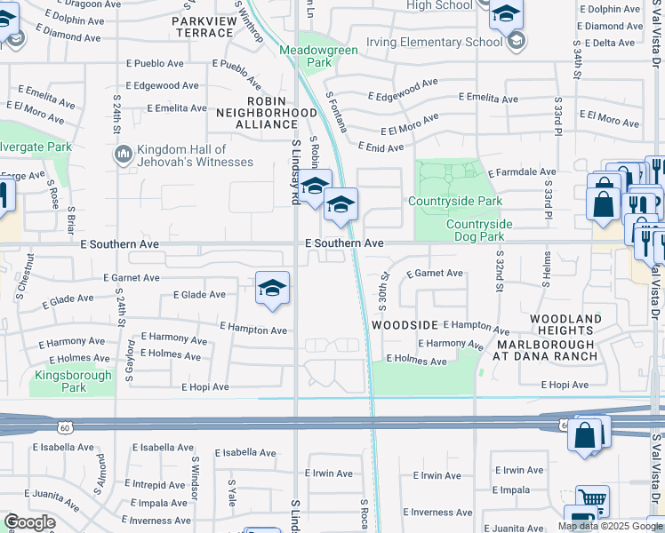 map of restaurants, bars, coffee shops, grocery stores, and more near 2831 East Southern Avenue in Mesa