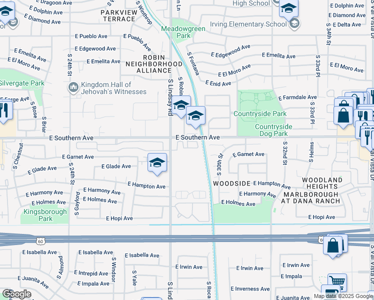 map of restaurants, bars, coffee shops, grocery stores, and more near 2831 East Southern Avenue in Mesa