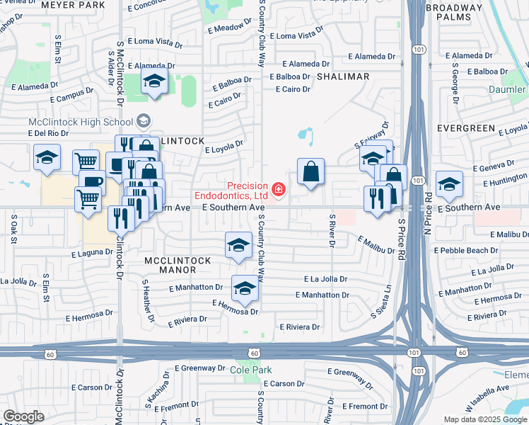 map of restaurants, bars, coffee shops, grocery stores, and more near in Tempe