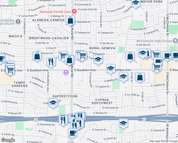 map of restaurants, bars, coffee shops, grocery stores, and more near 1001 East Southern Avenue in Tempe