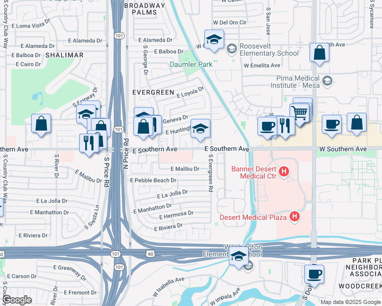 map of restaurants, bars, coffee shops, grocery stores, and more near 3247 South Allred Drive in Tempe