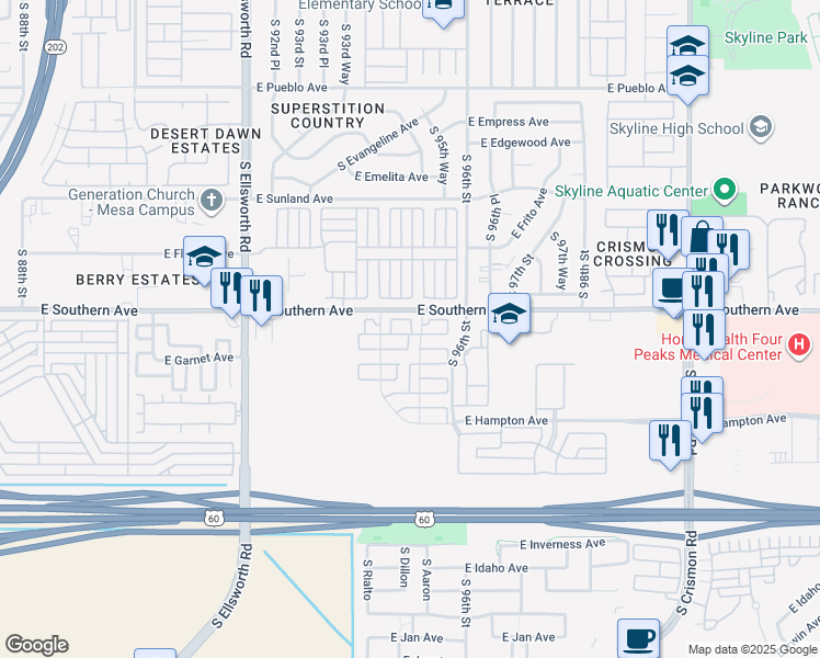 map of restaurants, bars, coffee shops, grocery stores, and more near 1255 South Rialto in Mesa