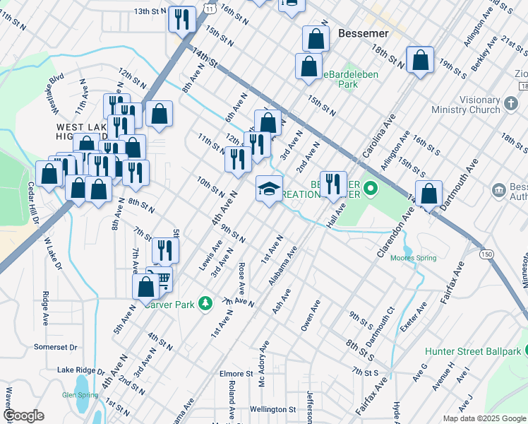 map of restaurants, bars, coffee shops, grocery stores, and more near 1011 3rd Avenue North in Bessemer