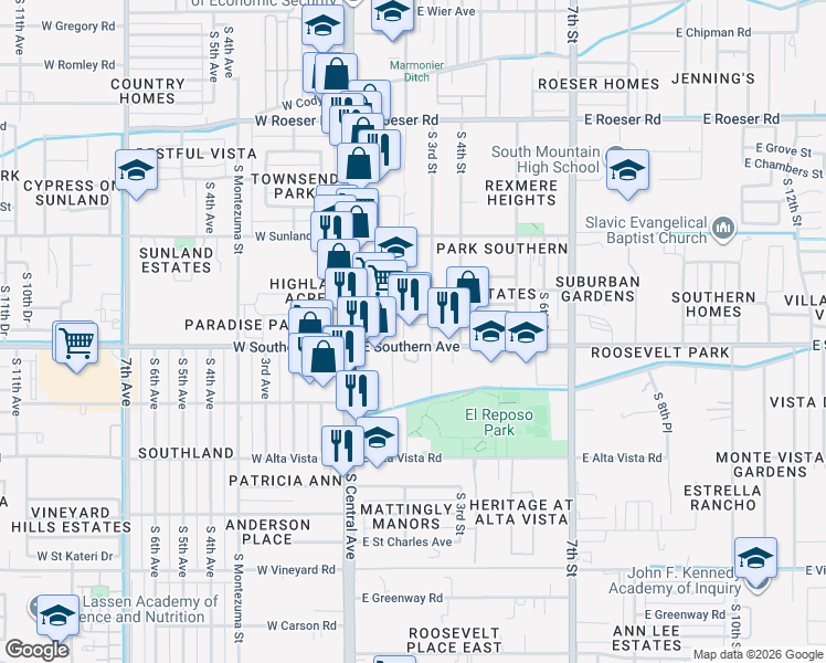 map of restaurants, bars, coffee shops, grocery stores, and more near 220 East Southern Avenue in Phoenix