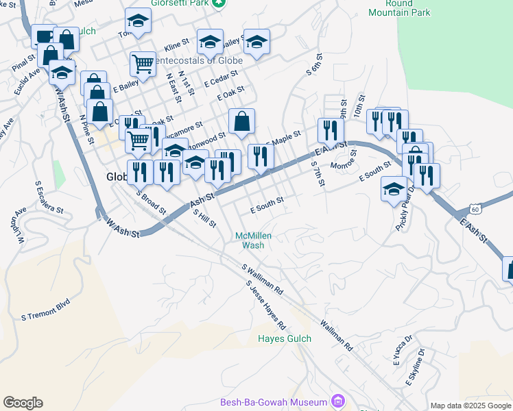 map of restaurants, bars, coffee shops, grocery stores, and more near 635 South 2nd Street in Globe