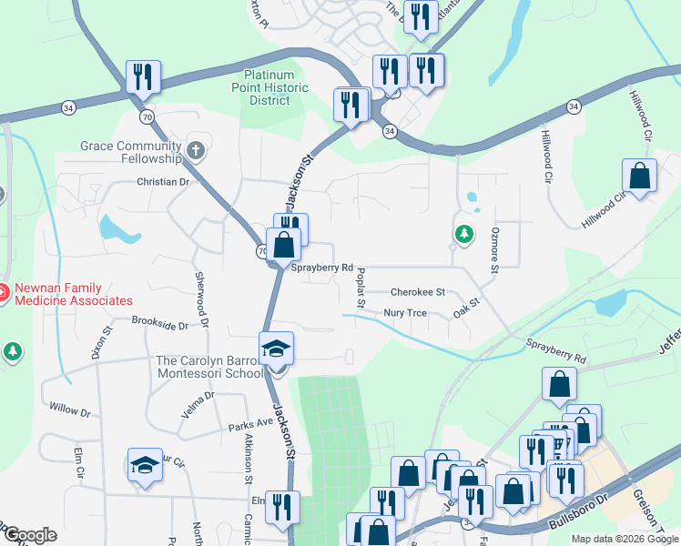 map of restaurants, bars, coffee shops, grocery stores, and more near 15 Sprayberry Road in Newnan
