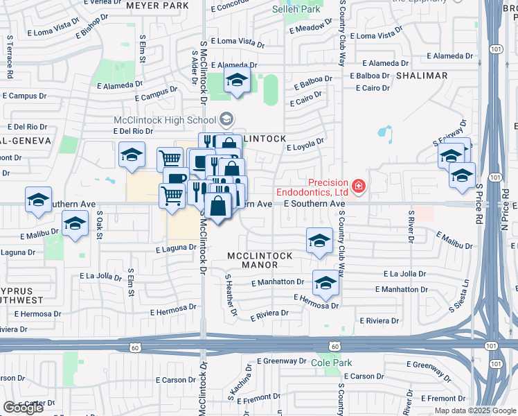 map of restaurants, bars, coffee shops, grocery stores, and more near 1855 East Southern Avenue in Tempe