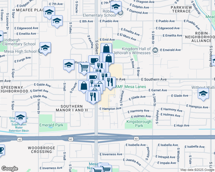 map of restaurants, bars, coffee shops, grocery stores, and more near 2105 East Southern Avenue in Mesa