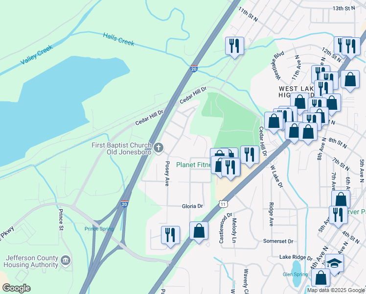 map of restaurants, bars, coffee shops, grocery stores, and more near 1217 Posey Avenue in Bessemer