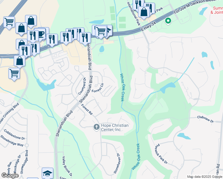map of restaurants, bars, coffee shops, grocery stores, and more near 22 Forest Circle in Newnan