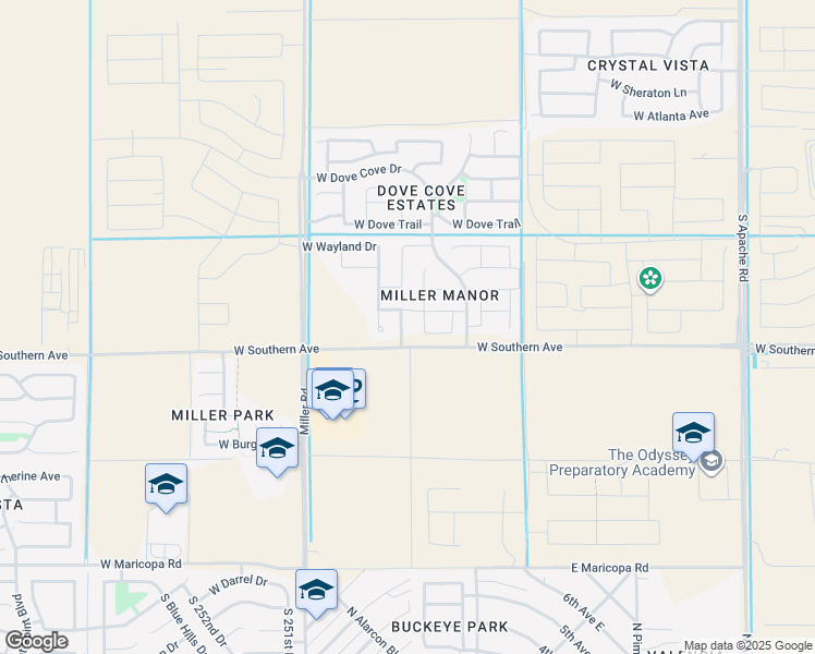 map of restaurants, bars, coffee shops, grocery stores, and more near 5947 South 249th Drive in Buckeye