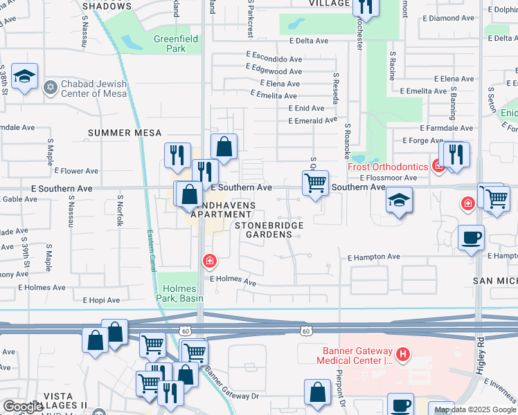 map of restaurants, bars, coffee shops, grocery stores, and more near 4538 East Garnet Avenue in Mesa