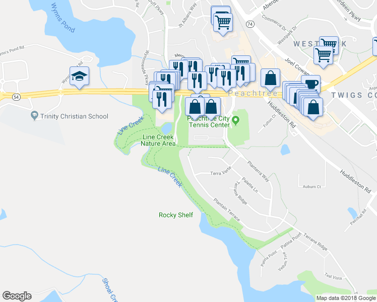 map of restaurants, bars, coffee shops, grocery stores, and more near 458 Plantain Terrace in Peachtree City