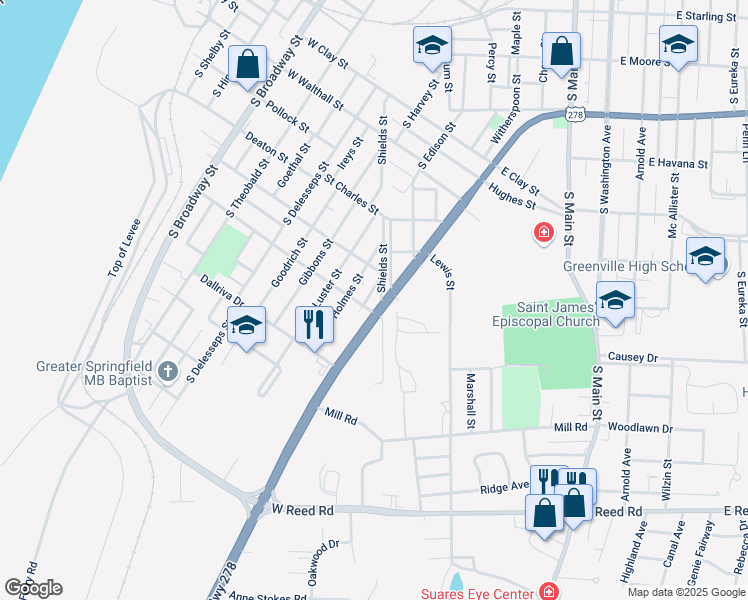 map of restaurants, bars, coffee shops, grocery stores, and more near 1130 Boyd Street in Greenville