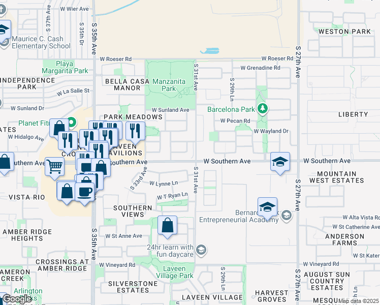 map of restaurants, bars, coffee shops, grocery stores, and more near 5911 South 31st Drive in Phoenix