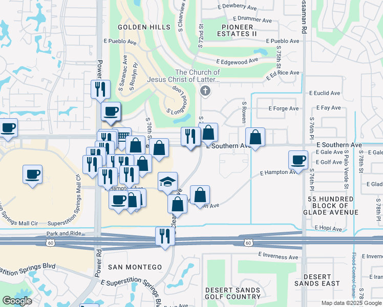 map of restaurants, bars, coffee shops, grocery stores, and more near 7143 East Southern Avenue in Mesa