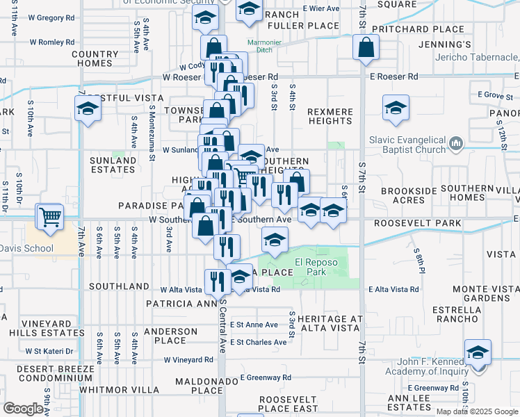 map of restaurants, bars, coffee shops, grocery stores, and more near 220 East Southern Avenue in Phoenix