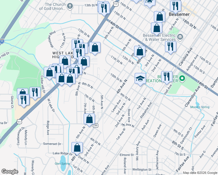 map of restaurants, bars, coffee shops, grocery stores, and more near 825 6th Avenue North in Bessemer